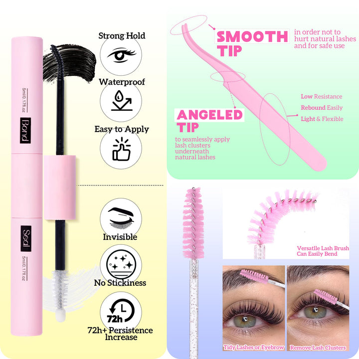 ALICE Lash Extension Kit Fluffy Volume Cluster Lashes Wispy 8-20MM D Curl Individual Lashes Eyelash Clusters Kit Lash Glue Bond and Seal Tweezers Diy Eyelash Extension Kit Self Application at Home