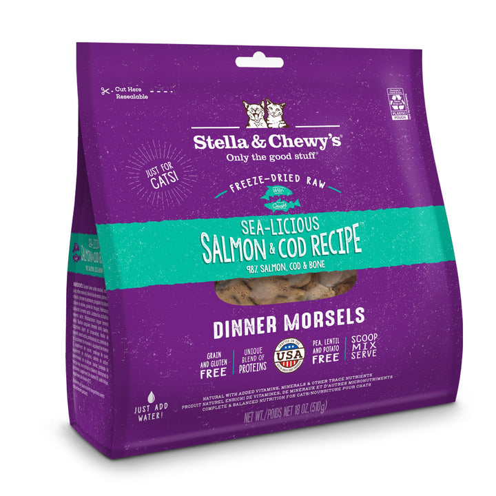 Stella & Chewy's Freeze-Dried Raw Cat Dinner Morsels – Grain Free, Protein Rich Cat & Kitten Food – Sealicious Salmon & Cod Recipe – 18 oz Bag 18 Ounce (Pack of 1)