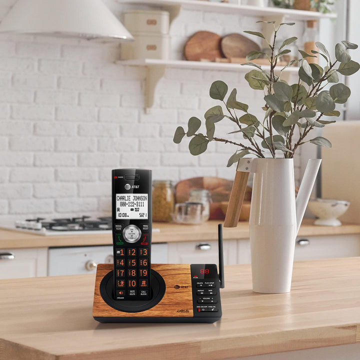 AT&T CL82167 Cordless Phone with Answering Machine, Call Blocking, Caller ID Announcer, Intercom and Long Range, Black & Wood Grain Finish Black/Wood Grain Finish 1 Handset