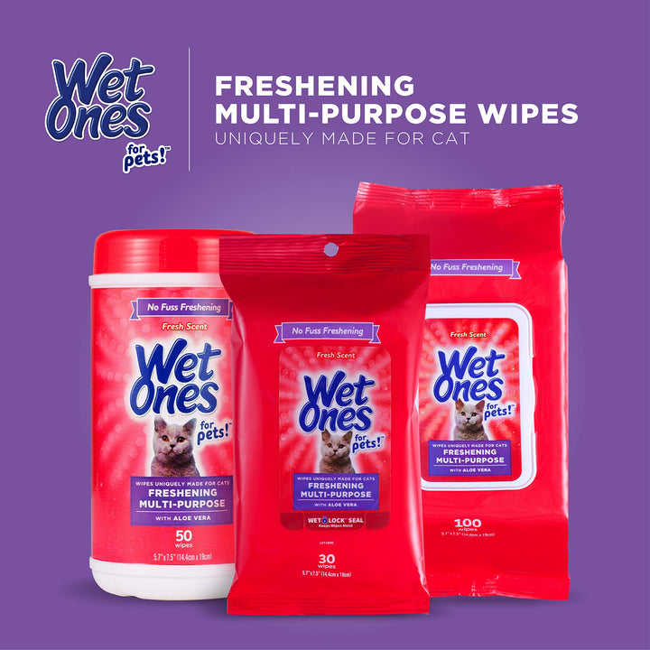 Wet Ones for Pets Freshening Multipurpose Wipes for Cats with Aloe Vera | Easy to Use Cat Cleaning Wipes, Freshening Cat Grooming Wipes for Pet Grooming in Fresh Scent| 100 ct Pouch Cat Wipes 100 Count (Pack of 1)