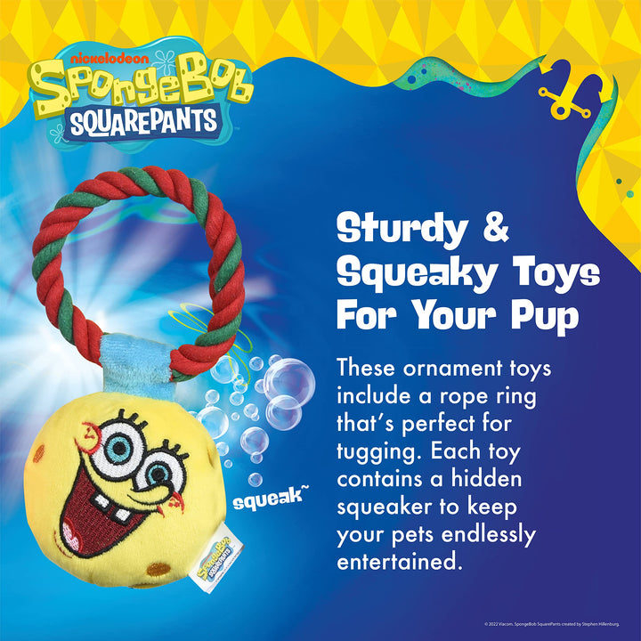 3 Pc Holiday Ornaments Plush with Rope Dog Toys with Squeaker | Dog Toys for Spongebob Fans | Squeaky Dog Toys, Spongebob, Squidward, and Patrick Ornament Toy Plush Ornament Set 3 Inch