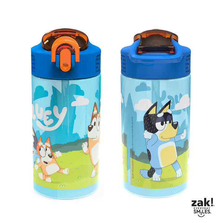 Zak Designs Bluey Kids Durable Plastic Spout Cover and Built-in Carrying Loop, Leak-Proof Water Design for Travel, (16oz, 2pc Set), Bluey Bottle 2pk 2 Count (Pack of 1)