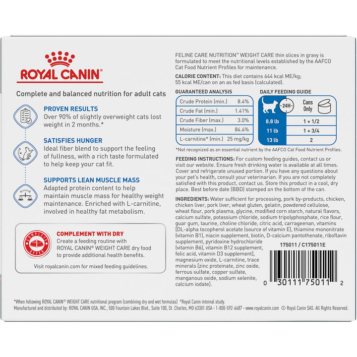 Royal Canin Feline Weight Care Thin Slices in Gravy Canned Adult Wet Cat Food, 3 oz can (6-pack) 3 ounce (Pack of 6)