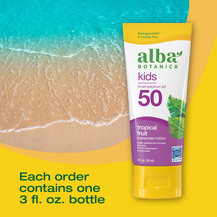 Alba Botanica Kids Sunscreen for Face and Body, Tropical Fruit Sunscreen Lotion for Kids, Broad Spectrum SPF 50, Water Resistant and Hypoallergenic, 3 fl. oz. Bottle SPF 50 (Pack of 1)