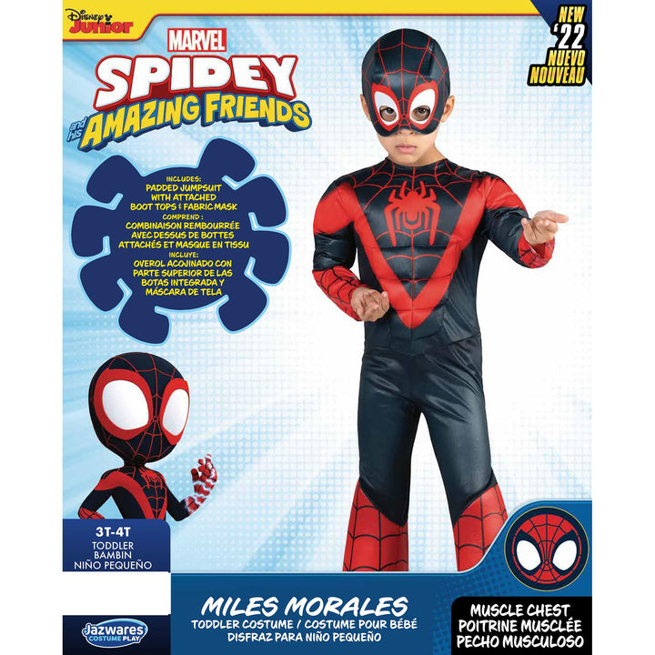 Marvel Spider-Man Official Toddler Halloween Costume - Premium Quality Hooded Jumpsuit and Fabric Headpiece (3T-4T) Miles Morales