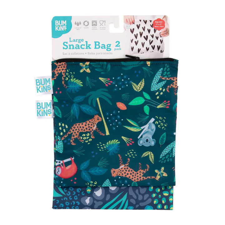 Bumkins Reusable Sandwich and Snack Bags, for Kids School Lunch and for Adults Portion, Washable Fabric, Waterproof Cloth Zip Bag, Travel Pouch, Food-Safe Storage, Large 2-pk Jungle Sandwich Bag 2-pk Jungle & Animal-Lg