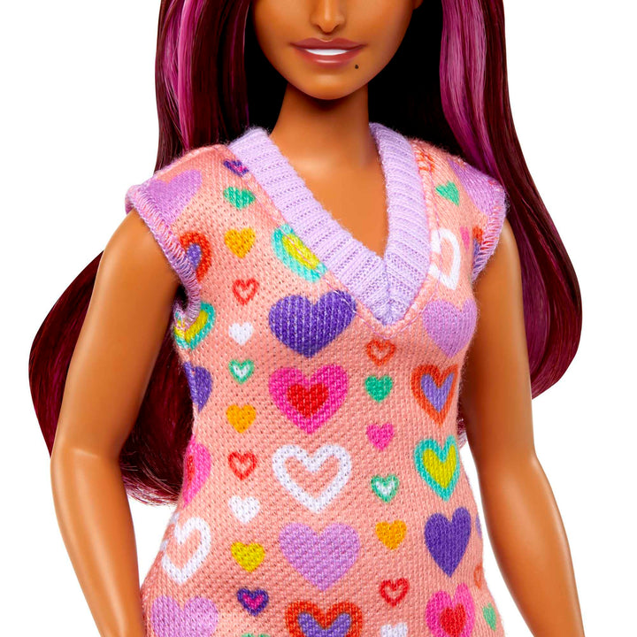 Barbie Fashionistas Doll #207 with Pink Hair Streaks Wearing Removable Heart-Print Sweater Dress, Sunglasses & Platform Shoes Pink-streaked