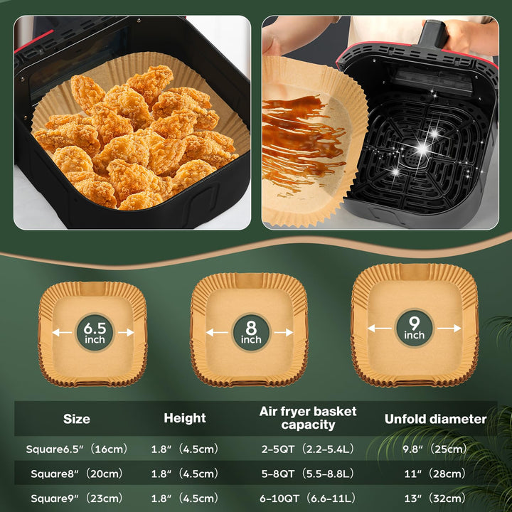 【Upgraded】 Air Fryer Disposable Paper Liners - 150 Pcs Thickened Deeper 6.5 Inch for 2-5QT Square Air Fryer Liners, Reversible Parchment Paper for Air Fryer, Baking and More