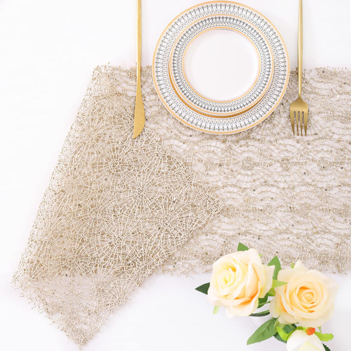 B-COOL Champagne Gold Sequin Table Runners Halloween Mesh Table Runner 6 Pieces 12x108inch Spider Cobweb Table Linen for Sparkly Christmas Thanksgiving Day Party Holiday Fall Table Decorations