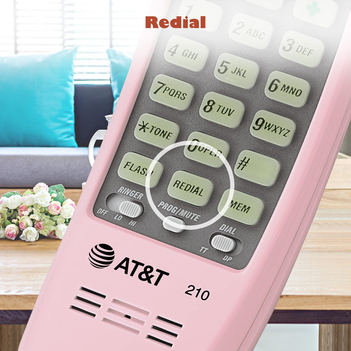 AT&T TRIMLINE 210 Corded Home Phone, No AC Power Required, Improved Easy-wall-mount, Lighted Big Button Keypad, 13 SpeedDial Keys, Last Number Redial, Mute, Flash, Volume Control, Princess Phone, PINK