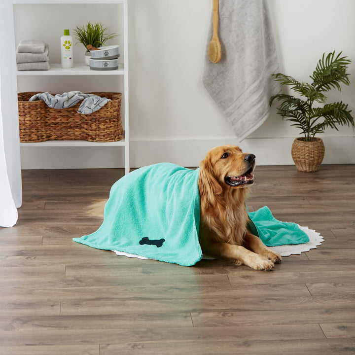 Bone Dry Pet Grooming Towel Collection Absorbent Microfiber X-Large, 41x23.5", Embroidered Green