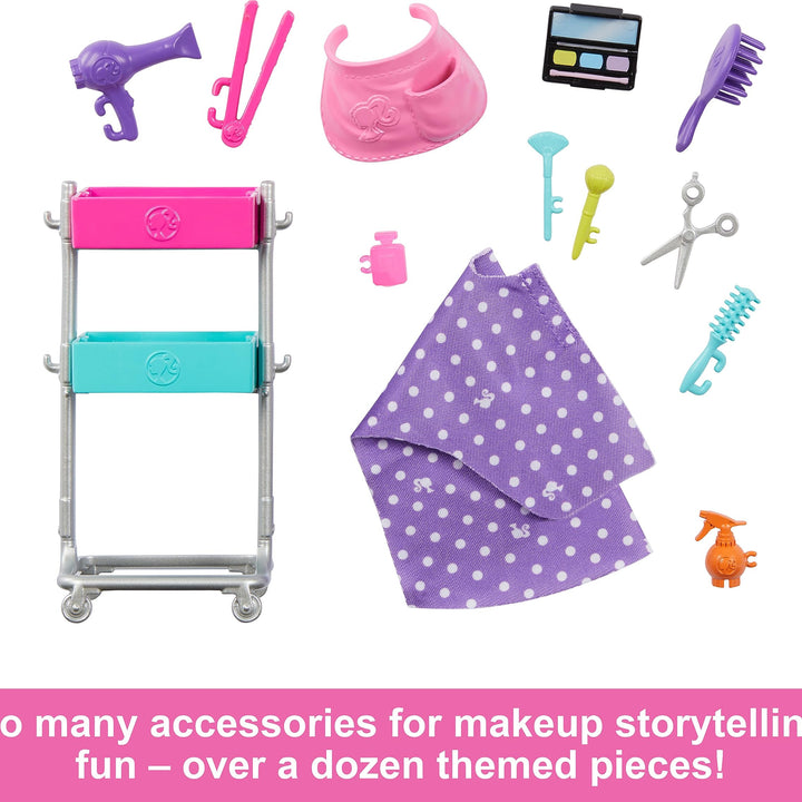 Barbie Stylist Doll & 14 Accessories, Blonde Malibu Fashion Doll On-set with Cart, Smock, Makeup Palette, Pet Puppy & More