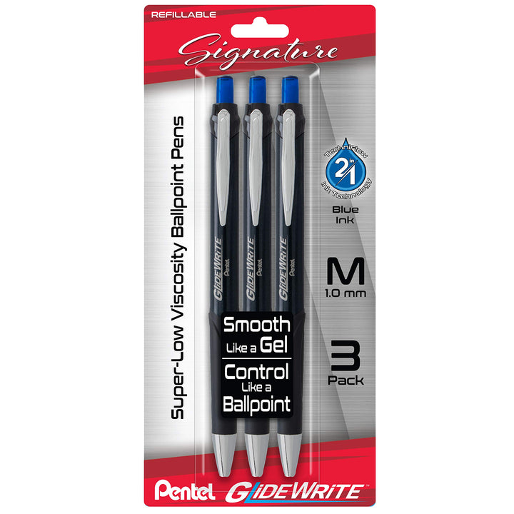 Pentel Glidewrite Signature Ballpoint Pen, (1.0mm) Medium, Black Barrel, Blue Ink, 3-pk (BX930ABP3C)