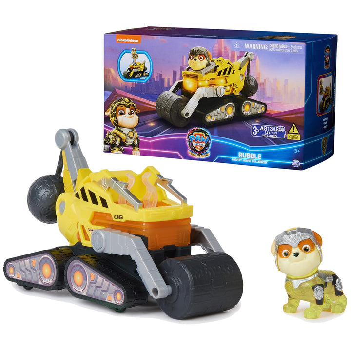 Paw Patrol: The Mighty Movie, Construction Toy Truck with Rubble Mighty Pups Action Figure, Lights and Sounds, Kids Toys for Boys & Girls 3+