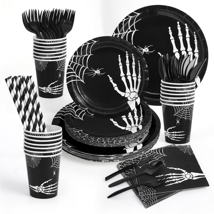 215 Pcs Halloween Plates and Napkins Set Serve 25, Halloween Skull Hand Bone Disposable Tableware Set, Halloween Decorations Includes Plates, Cups, Napkins, Halloween Tableware