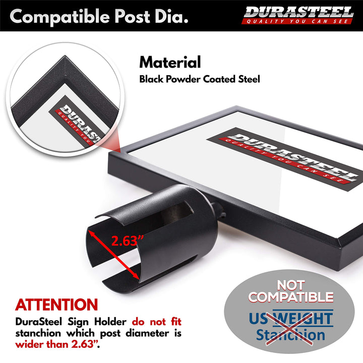 DuraSteel Stanchion Sign Holder - Landscape Display for 8.5" x 11" Paper Size - Double Sided Sign Frame with Plexiglass Cover - NOT Fit with US Weigh Sentry Stanchion - Crowd Control & Queue Barrier Standard