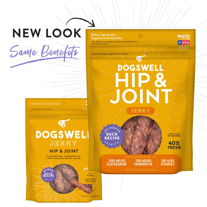 DOGSWELL Jerky Hip and Joint Dog Treats Grain Free Made in USA Only, Glucosamine and Chondroitin, 10 oz Duck (842194) 10 Ounce (Pack of 1)