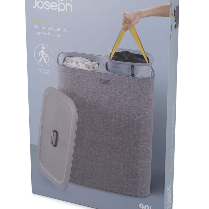 Joseph Joseph Tota 60-liter Laundry Hamper Separation Basket with lid, 2 Removable Washing Bags with Handles- Grey Dual 60L