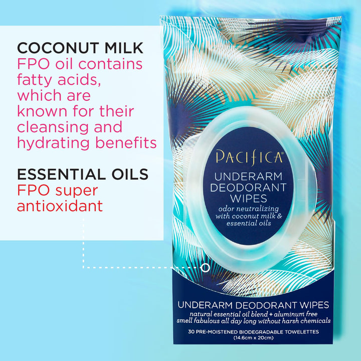 Pacifica Beauty, Coconut Milk & Essential Oils Underarm Deodorant Wipes, 30 Count (Pack of 2), Remove Odor On-The-Go, Aluminum Free, Travel Friendly, Fresh Coconut Scent, 100% Vegan and Cruelty Free