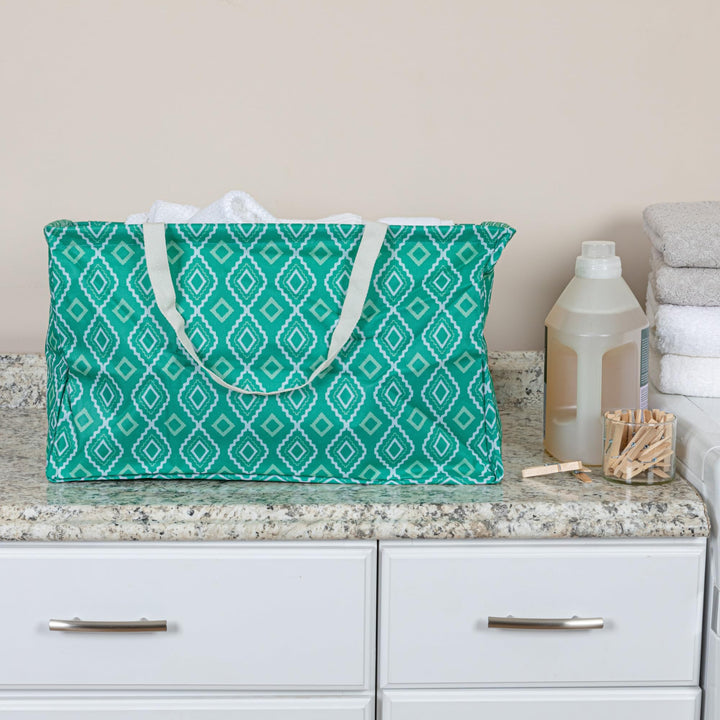 Household Essentials 2243 Krush Canvas Utility Tote | Reusable Grocery Shopping Laundry Carry Bag | Teal with White Diamonds, 22" L X 11" W X 13" H Teal Geo Short Rectangular