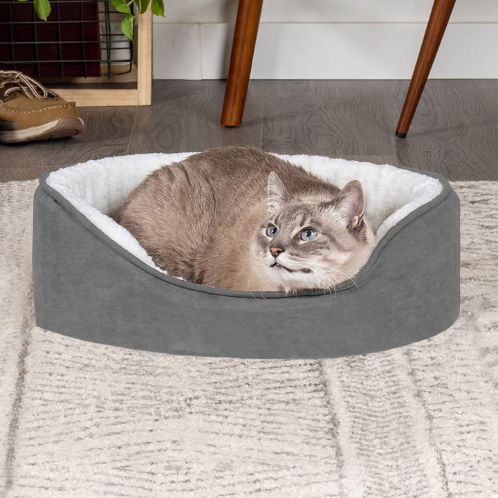 Furhaven Orthopedic Dog Bed for Small Dogs w/ Removable Washable Cover, For Dogs Up to 12 lbs - Sherpa & Suede Oval Lounger - Gray, Small Oval (Orthopedic Base) 19.0"L x 15.0"W x 5.5"Th Sherpa & Suede Gray