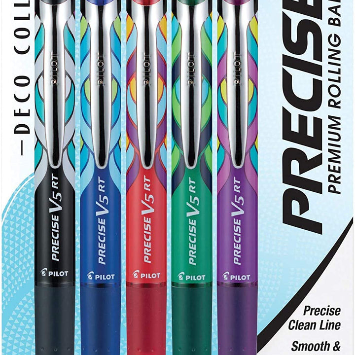 Pilot, Precise V5 RT Deco Collection Refillable & Retractable Liquid Ink Rolling Ball Pens, Extra Fine Point 0.5 mm, Black/Blue/Red/Green/Purple, Pack of 5 5-Pack