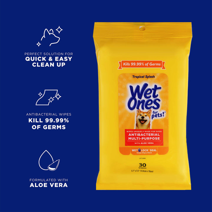 Wet Ones for Pets Multi-Purpose Dog Wipes with Aloe Vera, 30 count - 8 pack | Dog Wipes for All Dogs in Tropical Splash Scent, Wet Ones Wipes with Wet Lock Seal 30 Count (Pack of 8)