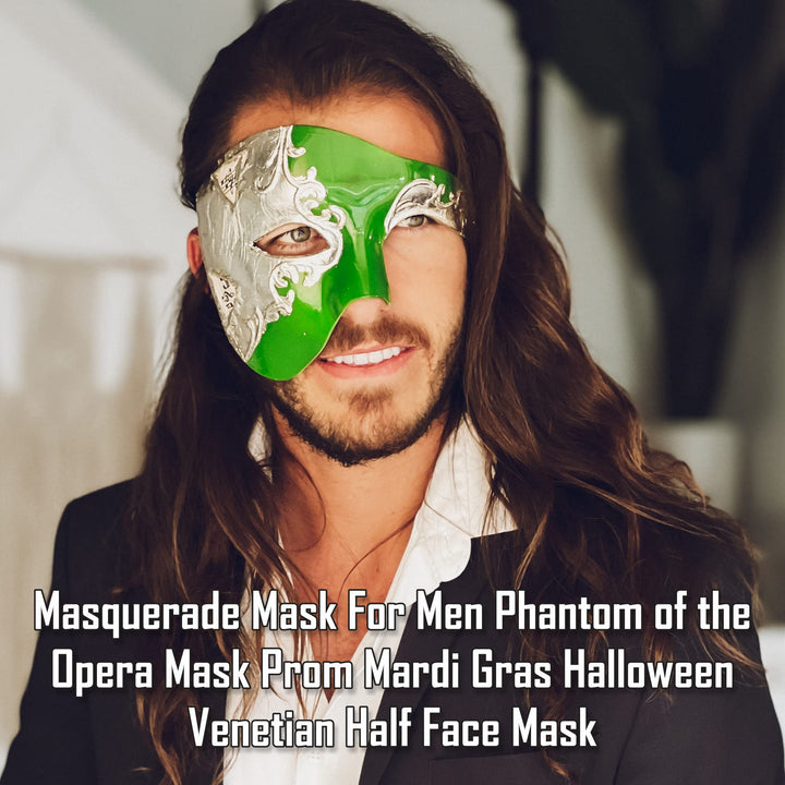 Masquerade Mask For Men Phantom Of The Opera Mask Prom Mardi Gras Haloween Venetian Half Face Mask Green/Silver One Size