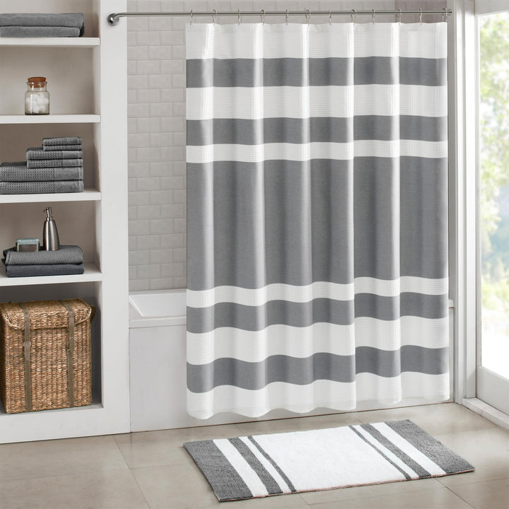 Madison Park Shower Curtain, Waffle Weave, Pieced Design Fabric Shower Curtain with 3M Scotchgard Moisture Management, Premium Spa Quality Modern Shower Curtains for Bathroom, Tall 72"x84" Taupe 72"W x 84"L (Pack of 1)