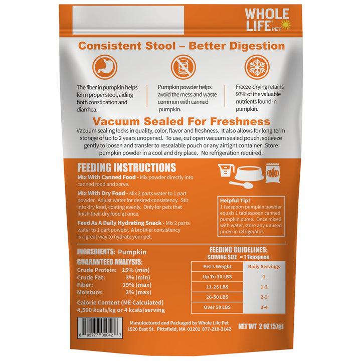 Whole Life Pet Pumpkin Powder for Dogs and Cats. Firms Stool, Relieves Diarrhea. Mix with Water for Instant Puree. No Mess or Waste from Cans. Human Grade Quality orange 2oz