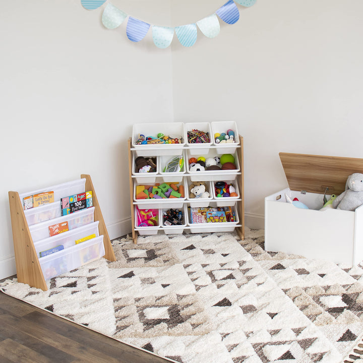 Humble Crew, 4 tier, Natural/White Kids Book Rack Storage Bookshelf with Deep Sleeves, Universal Natural Wood/White