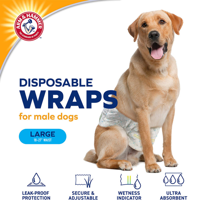 Arm & Hammer For Pets Male Dog Wraps, Medium 12 Ct | Ultra-Absorbent, Adjustable Male Dog Diapers with Leak-Proof Protection & Wetness Indicator | Arm & Hammer Baking Soda Enhanced for Odor Control Male Wraps Medium (12 Count)