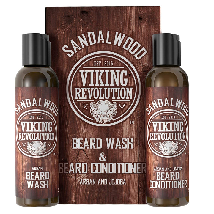 Viking Revolution Beard Wash & Beard Conditioner Set w/Argan & Jojoba Oils - Softens & Strengthens - Natural Beard Shampoo w/Beard Oil Sandalwood (5oz)