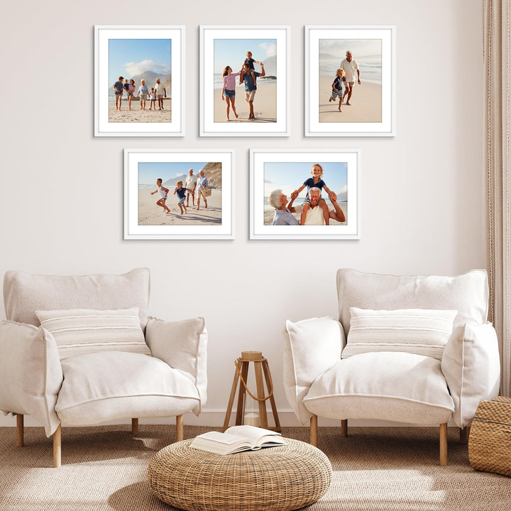 Americanflat 12x16 Picture Frame with Polished Plexiglass - Set of 5 - Use as 8.5x11 Frame with Mat or 12x16 Frame Without Mat - Galleria Collection - Gallery Wall Frame Set for Wall Display - White