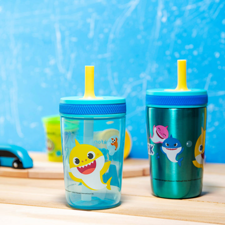 Zak Designs Baby Shark Kelso Tumbler Set, Leak-Proof Screw-On Lid with Straw, Bundle for Kids Includes Plastic and Stainless Steel Cups with Bonus Sipper (3pc Set, Non-BPA)15 fl oz. Classic