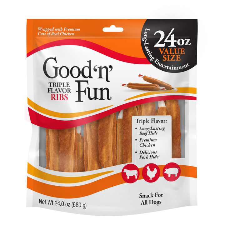 Good n Fun Triple Flavor Ribs, Rawhide Snack for All Dogs, 24 oz