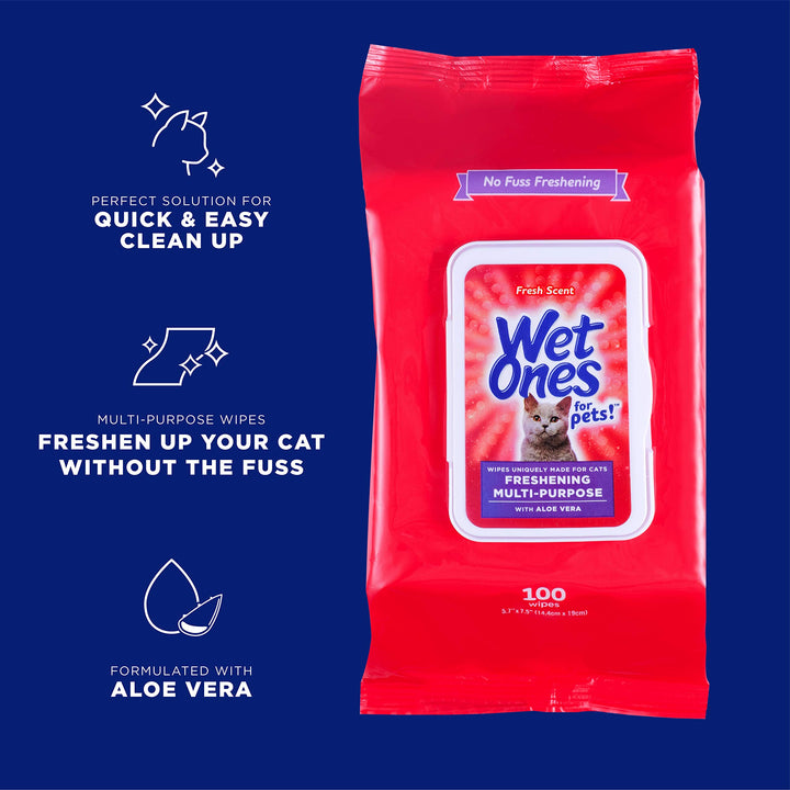 Wet Ones for Pets Freshening Multipurpose Wipes for Cats with Aloe Vera | Easy to Use Cat Cleaning Wipes, Freshening Cat Grooming Wipes for Pet Grooming in Fresh Scent| 100 ct Pouch Cat Wipes 100 Count (Pack of 1)