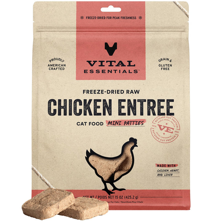 Vital Essentials Freeze Dried Raw Cat Food, Chicken Mini Patties Entree, 15 oz 15 Ounce (Pack of 1)