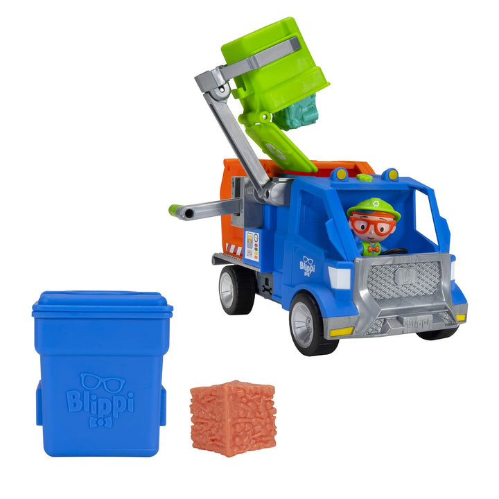 Blippi Recycling Truck - Includes Character Figure, Working Lever, 2 Trash Cubes, 2 Recycling Bins - Sing Along with Popular Catchphrases - Educational Toys for Kids -  Exclusive Blippi Recycling Truck