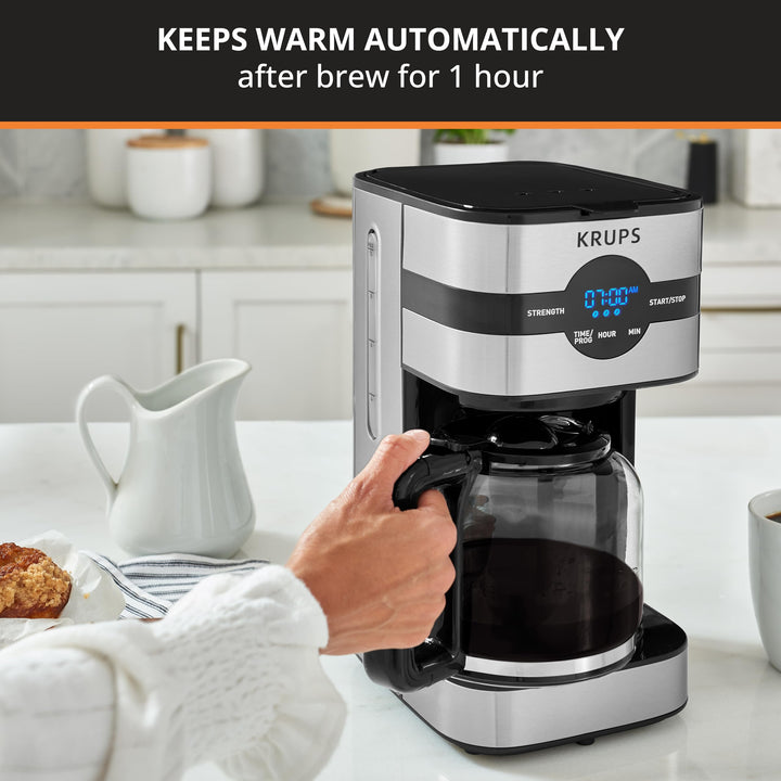 Krups Coffee Maker 10 Cups Digital Simply Brew Stainless Steel Drip Coffee Maker 900 Watts Digital Control, Coffee Filter, Drip Free, Dishwasher Safe Pot Silver and Black 10-Cup Glass & Digital