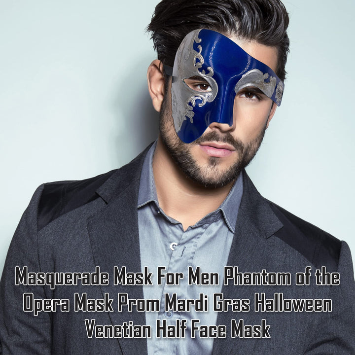 Masquerade Mask For Men Phantom Of The Opera Mask Prom Mardi Gras Haloween Venetian Half Face Mask Blue/Silver One Size