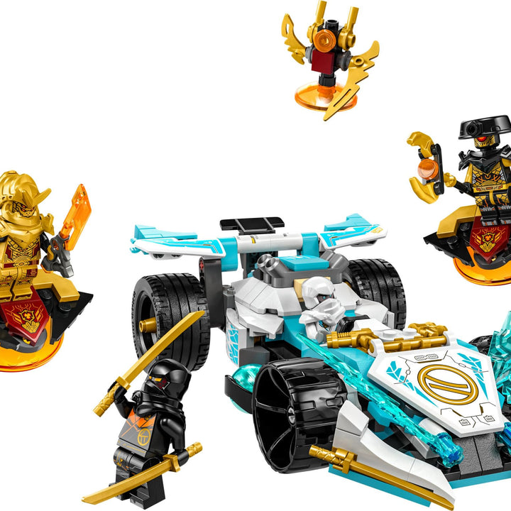 LEGO NINJAGO Zane’s Dragon Power Spinjitzu Race Car 71791 Building Toy Set, Features a Ninja Car, 2 Hover Flyers, Dragon Toy, and 4 Minifigures, Gift for Kids Aged 7+ Blue