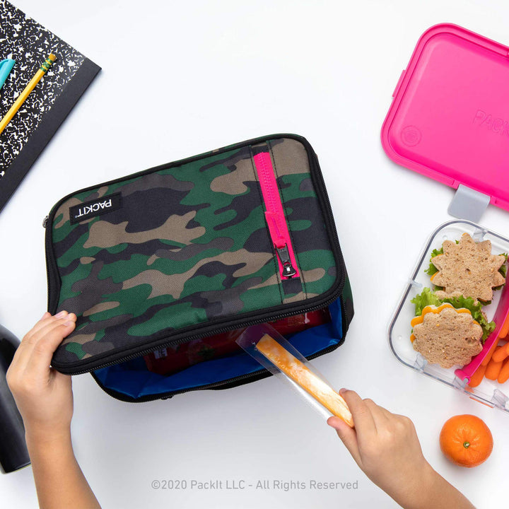 PackIt Freezable Classic Lunch Box, Camo Hot Pink, Built with EcoFreeze Technology, Collapsible, Reusable, Zip Closure With Zip Front Pocket and Buckle Handle, Designed for Lunches Camo with Hot Pink Trim