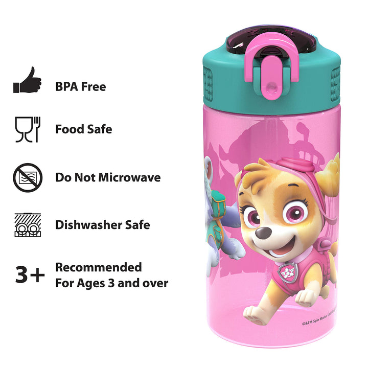 Zak Designs Kids Durable Plastic Spout Cover and Built-in Carrying Loop, Leak-Proof Water Design for Travel, (16oz, 2pc Set), Paw Patrol Skye Bottle 2pk 2 Count (Pack of 1)