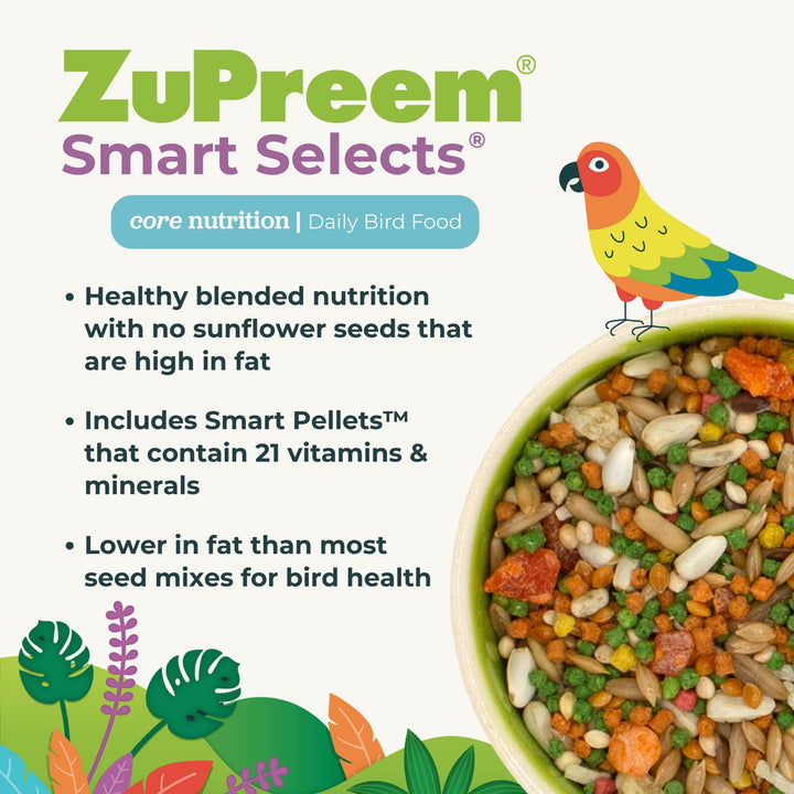 ZuPreem Smart Selects Daily Bird Food for Parrot, Conure, Caique, African Grey, Eclectus, Small Cockatoo, Bird Pellets and Seed Blend, Nutrition for Medium Large Birds, Parrot Food (M/L, 4 lb) Smart Selects Seed & Pellet Blend 4 Pound (Pack of 1)