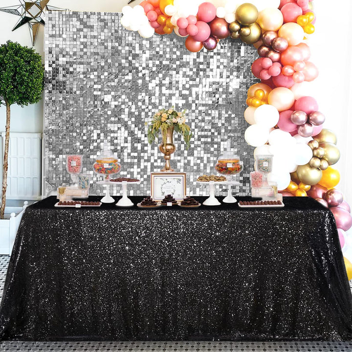 QueenDream Seamless Sequin Tablecloth 90x132 Inch Black Rectangular Tablecloth for Christmas Wedding Birthday Halloween 90 x 132 inch