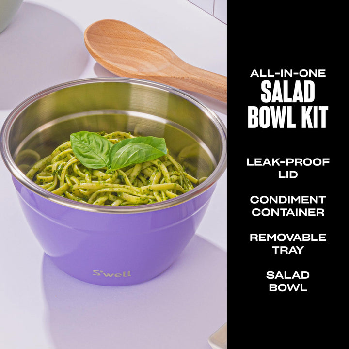 S'well Stainless Steel Salad Bowl Kit 64oz, Hillside Lavender, Comes with 2oz Mini Canister and Removable Tray for Organization, Leakproof, Easy to Clean, Dishwasher Safe 64 oz