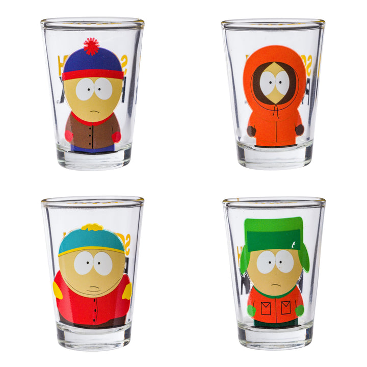 Silver Buffalo South Park Main Characters Poses 4pc Mini Glass Set 4x1, 1.5 ounces