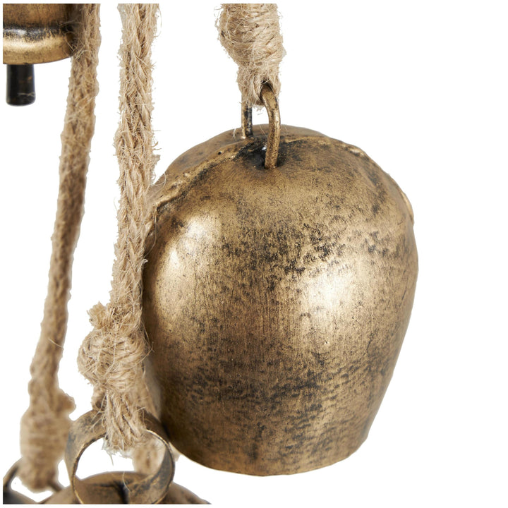 Deco 79 Gold Metal Tibetan Inspired String Hanging Decorative Bells with Jute Hanging Rope 4" x 8" x 52" - Cone 52" x 4" x 8"