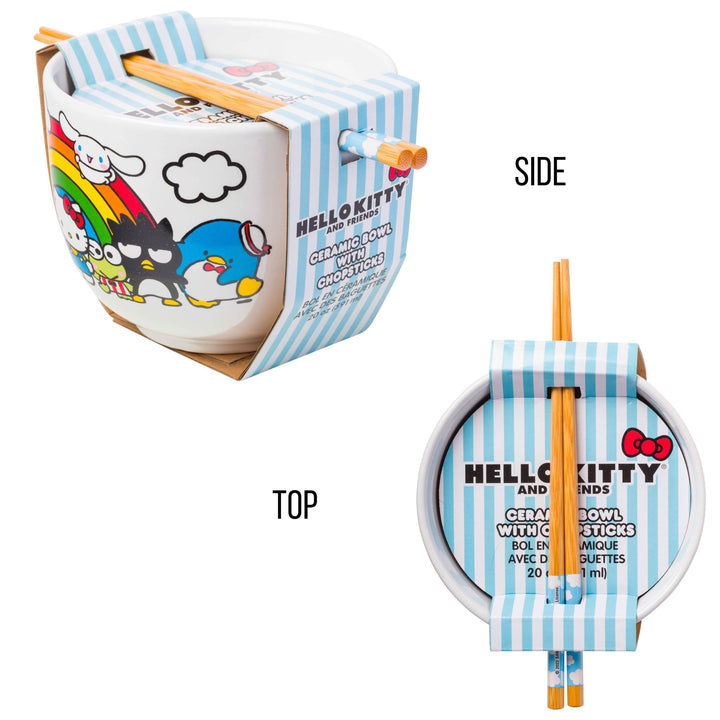 Silver Buffalo Sanrio Hello Kitty and Friends Rainbow Ceramic Ramen Rice Bowl with Chopsticks, 20 Ounces, White/Multi Cartoon